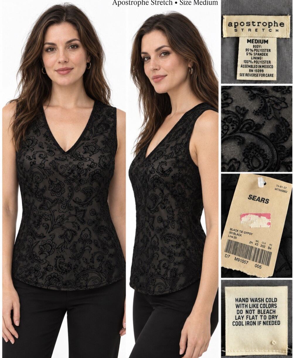 Y2K Goth Apostrophe Stretch V Neck Flocked Paisley Velvet Tank Top M Black NWT